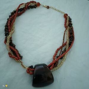 Multi-Strand Coral and Brown Beaded Statement Necklace